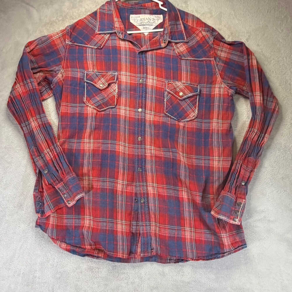 Ryan Michael Mens XXL Crimson Plaid Western Snap Flannel Shirt X102RB Red Blue